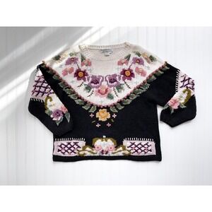 vtg Jennifer Reed black pink floral‎ Fair Isle hand knit sweater size M